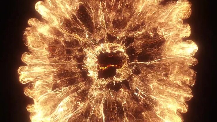 Abstract Golden Energy Explosion Expanding on Black Background