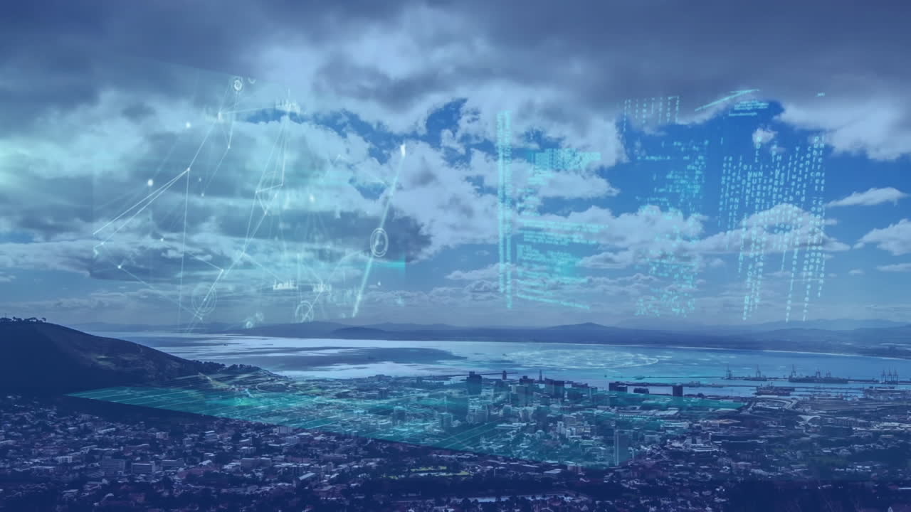 파란색 배경에 도시 풍경 위에서 통계 및 금융 데이터 처리의 애니메이션