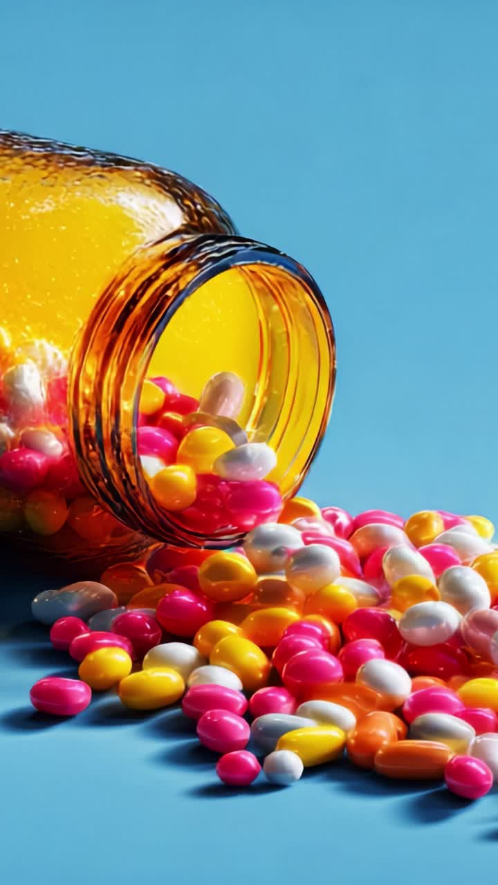 Colorful pills cascade from an amber bottle against a vibrant blue background, showcasing a variety of shapes and hues that evoke a playful yet intriguing atmosphere