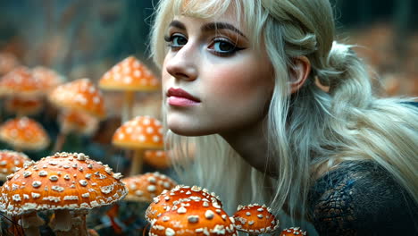 girl in a forest surrounded by vibrant orange mushrooms