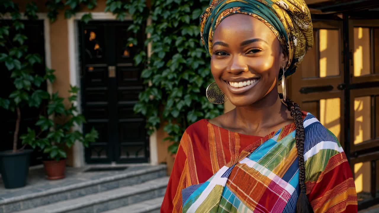A vibrant video still of a smiling woman in colorful attire, captured from a medium close-up angle