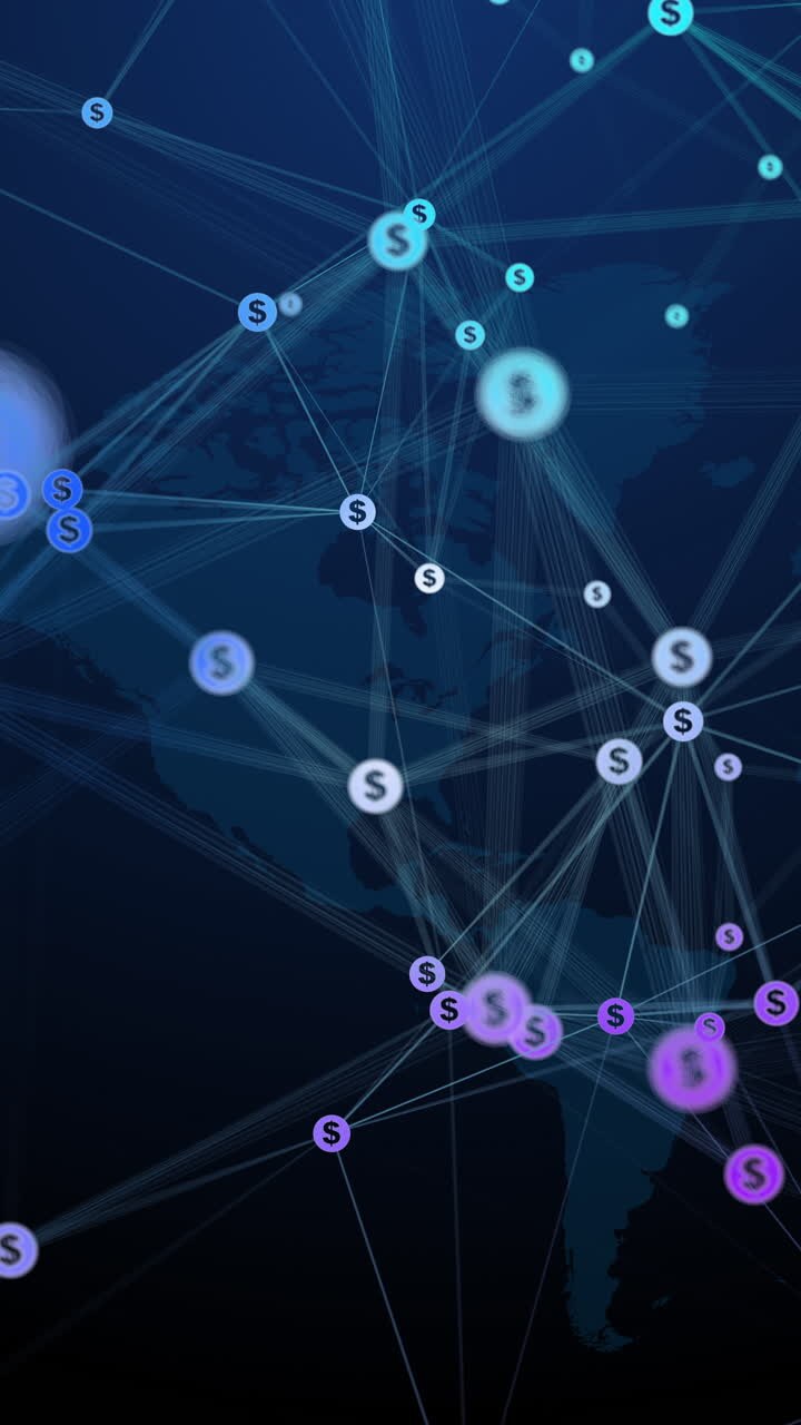 Abstract movement of dollar icons connected by lines on a dark blue world map background. Looped business animation with blurred geometric polygonal elements. Vertical video.