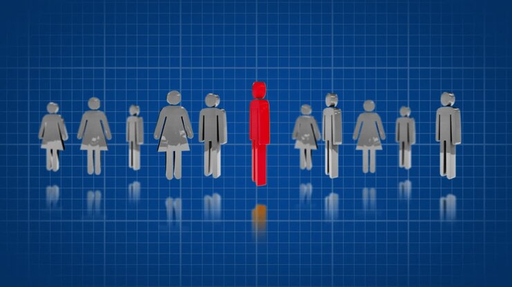 Male and female icons with one red icon.