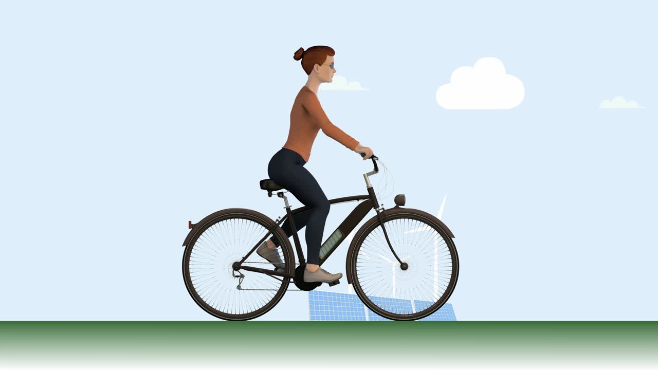 Woman, electric bicycle, wind turbines and solar panels.