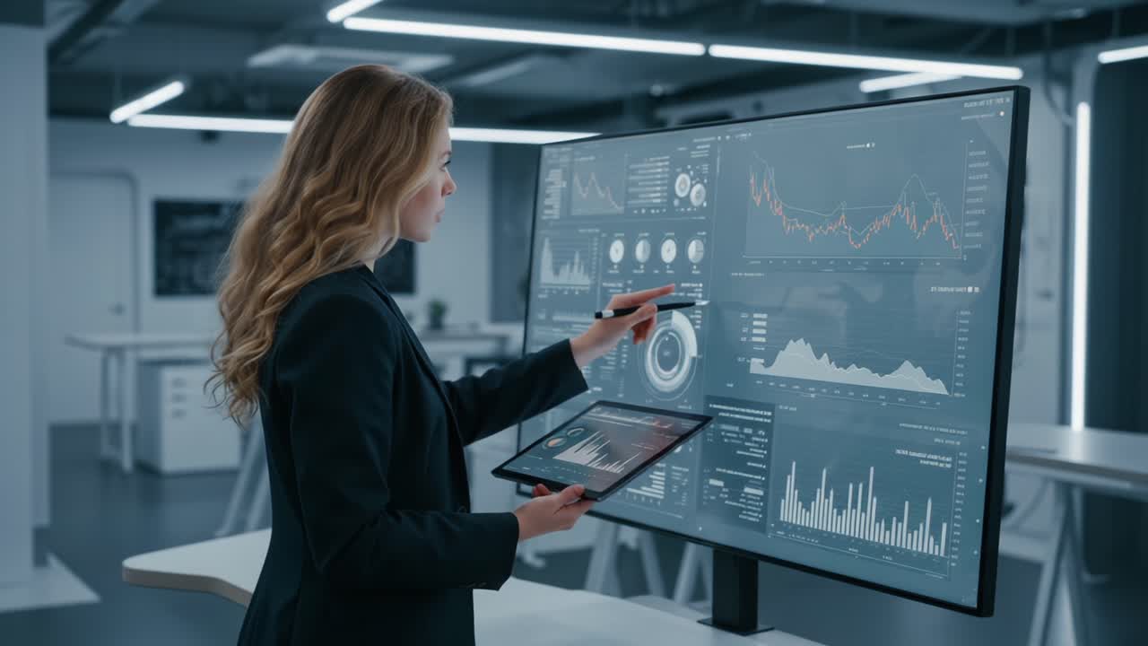 Analytical Professional Utilizing Interactive Technology to Visualize Data Insights and Trends in a Modern Workspace Environment