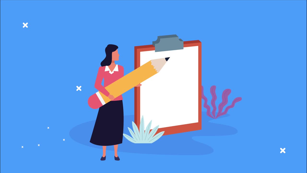 elegant businesswoman with pencil and checklist animation