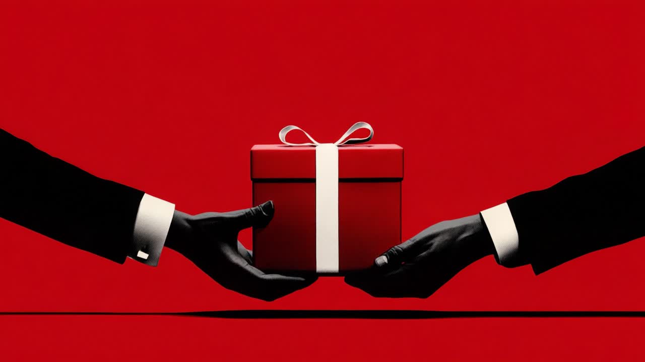 A Captivating Moment of Generosity: Two Hands Exchanging a Beautifully Wrapped Gift Against a Striking Red Background, Symbolizing Celebration and Connection