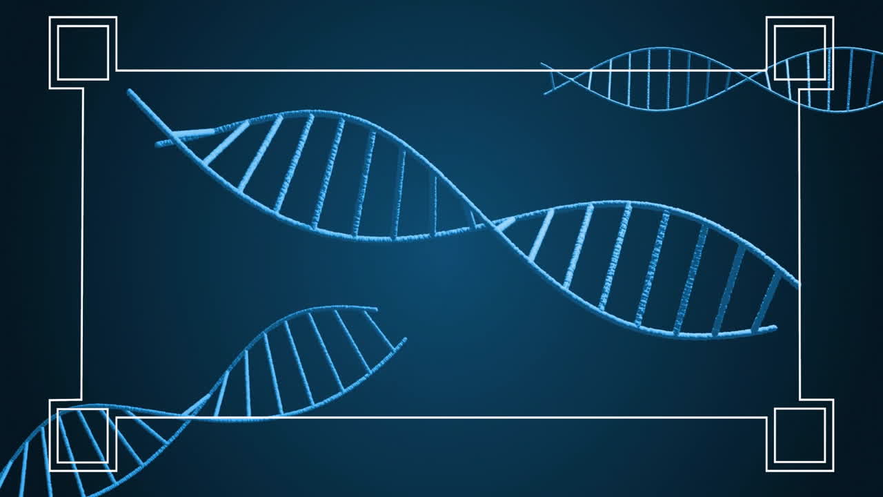 animación de cadenas de adn y codificación genética sobre fondo azul con líneas blancas