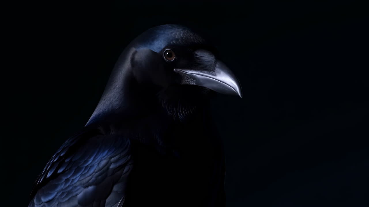 Primo piano drammatico di un corvo nero che gira la testa.