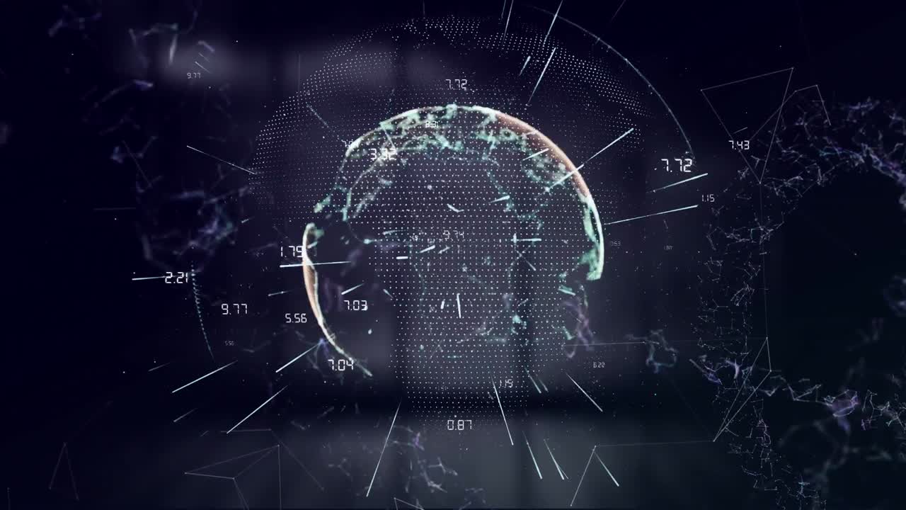 Light trails over spinning globe against black background