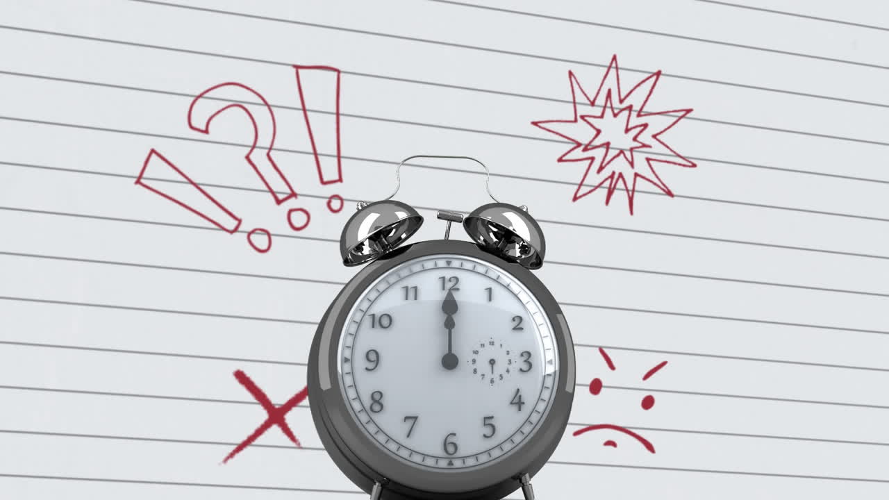 часы тикают против нескольких рисунков на белой линейной бумаге