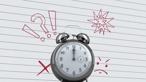 clock ticking against multiple drawings on white lined paper