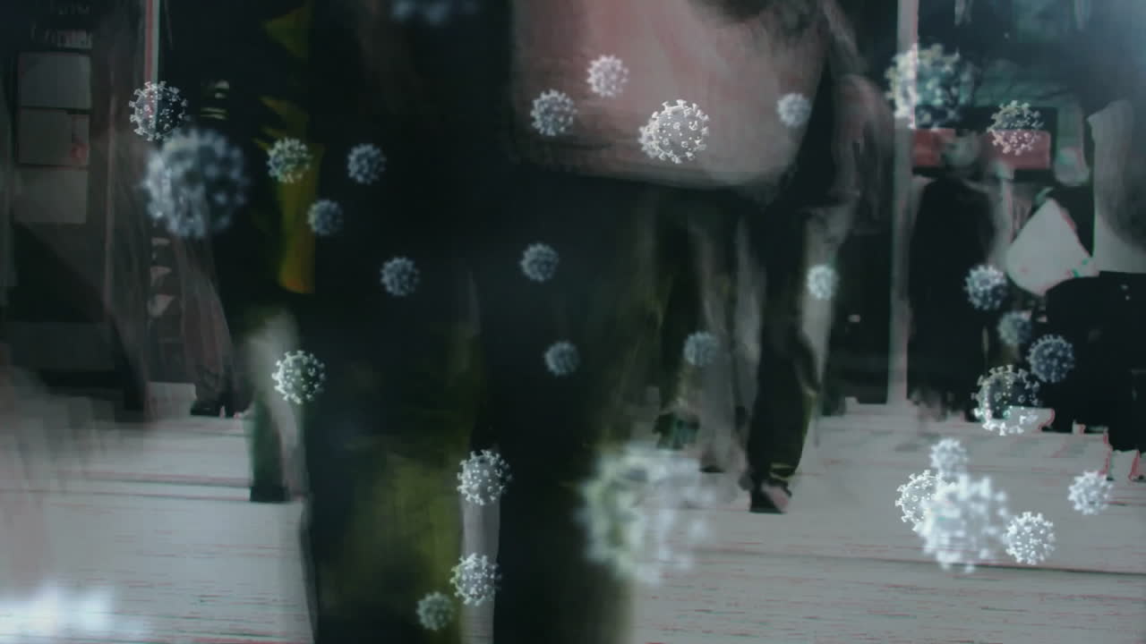 도시 거리에서 고 있는 사람들이 느린 속도로 움직이는 색 바이러스의 애니메이션