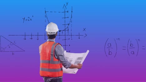 Animation-of-caucasian-architect-with-blueprint-and-mathematical-equations-on-coloured-background