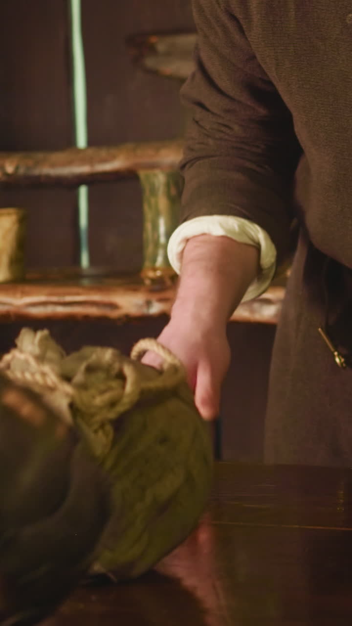 기사는 오래된 상인 가게에서 동전으로 전리품을 바니다. 놀라운 판매자는 매장에 있는 암살자의 전투 트로피를 위해 돈으로 지갑을 제공합니다.