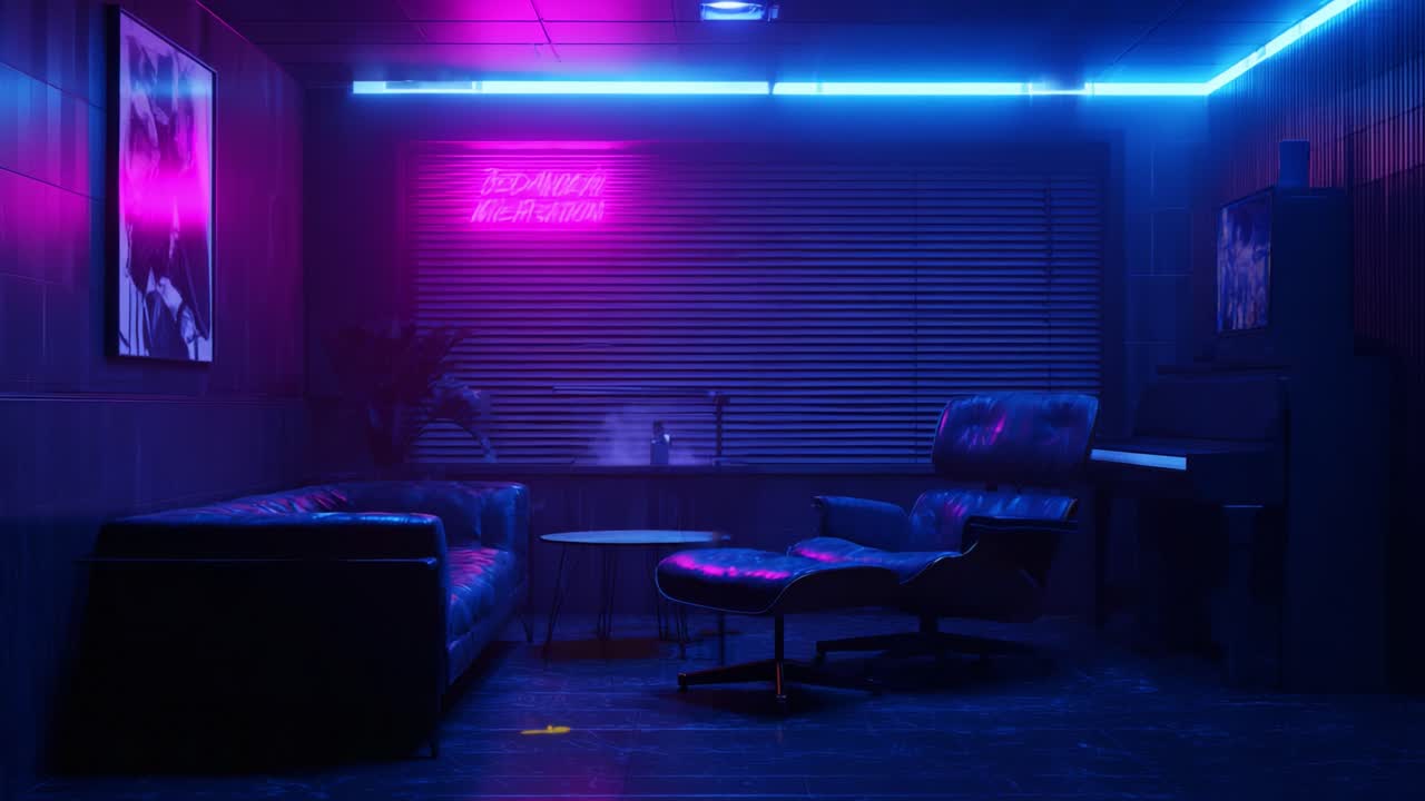 A Cozy and Modern Retro Lounge Featuring Stylish Leather Furniture, Neon Lighting, and a Relaxing Atmosphere Perfect for Conversations and Gatherings