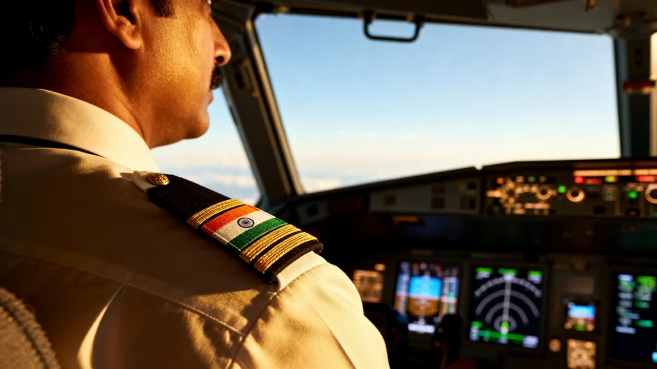 Kamera bergeser, pilot di kokpit kiri menyesuaikan dan memantau instrumen, dengan epaulet dan ruang kosong untuk teks.