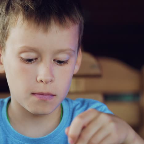 boy is eating ice cream in a cafe. kid with sundae