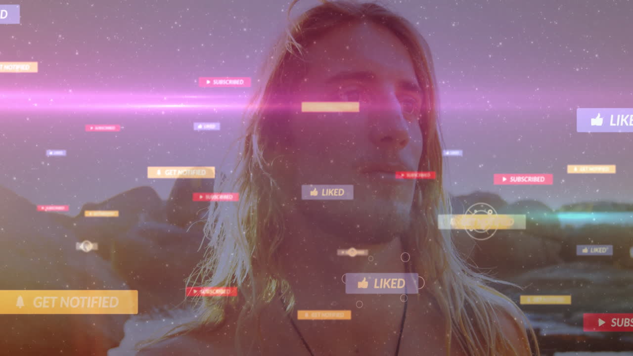 Animation of social media notifications overlaying person outdoors using smartphone