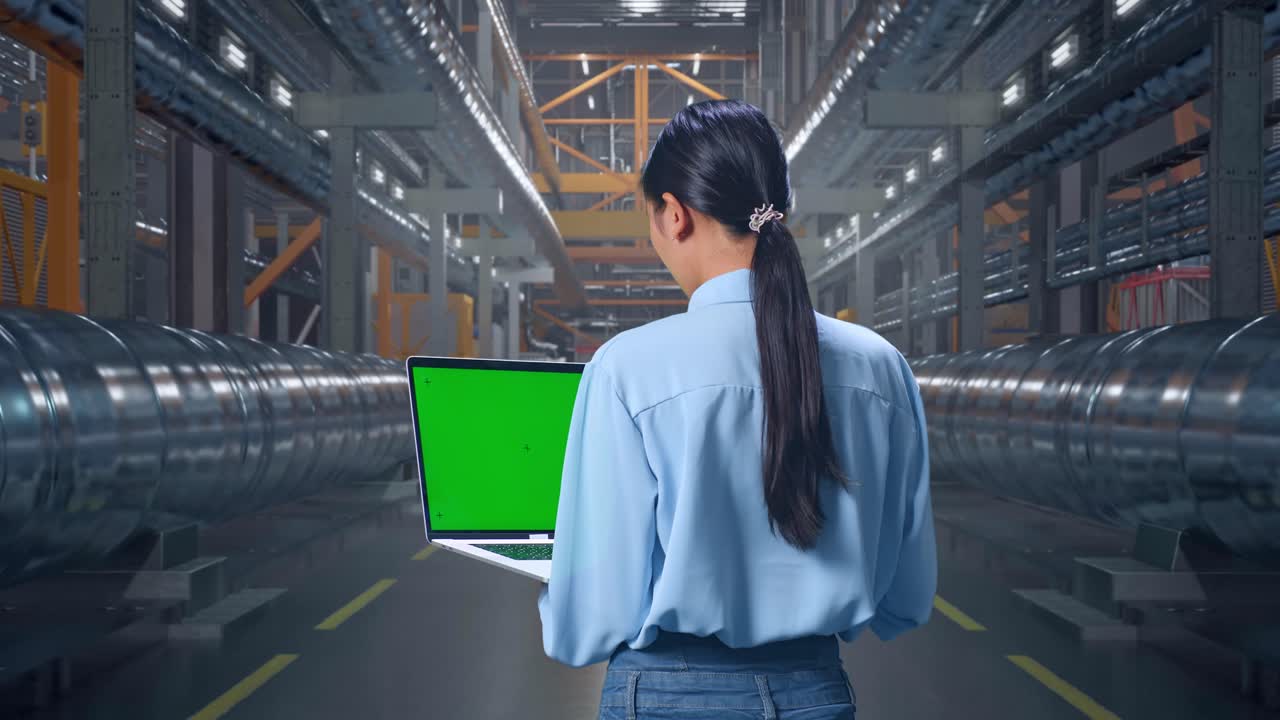 Engineer working on a laptop in a large warehouse