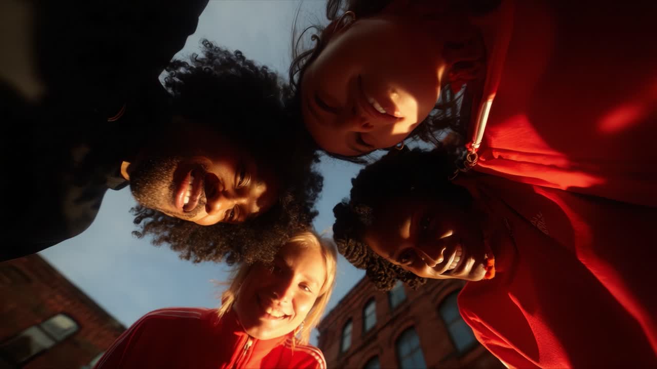 A Joyful Gathering of Four Friends in a Close-Up Shot Under Sunny Skies, Celebrating Connection and Shared Moments with Laughter and Smiles in an Urban Setting