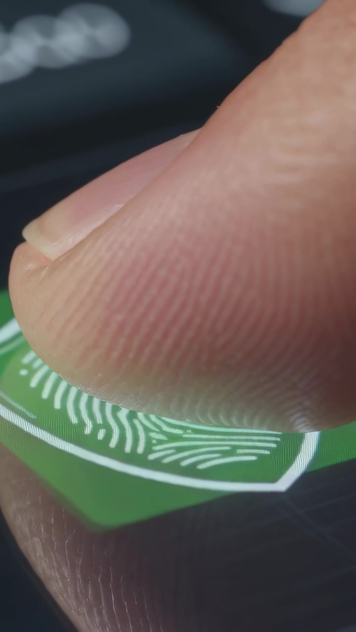 Vertical video: Hovering fingertip pressing on-screen fingerprint shield on phone unlocking device