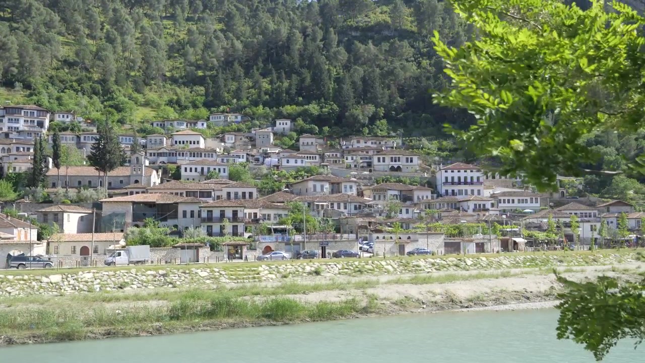 Quartiere Gorica di Berat, case ottomane bianche sul fianco della collina boscosa, oltre il fiume Osum.