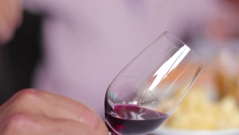 close up, person holding a glass of red wine, where he moves and turns to observe it in detail