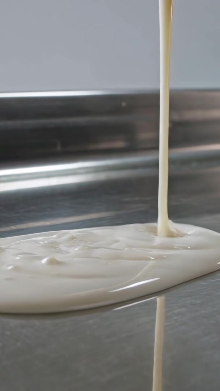 Vertical video: Pouring stream above, white batter forming puddle on stainless counter reflecting