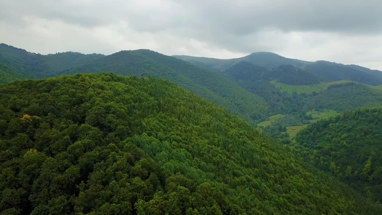 구름이 가득한 하늘 아래 울불한 숲으로 인 푸른 언덕의 조용한 공중 풍경.