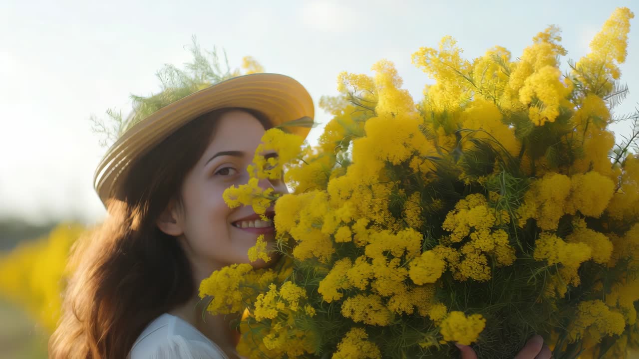 Young woman wearing straw hat standing in sunlit field, gently holding large bouquet of vibrant mimosa flowers, radiating joy and serenity during springtime moment