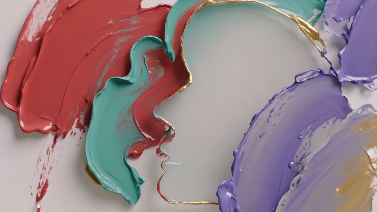 La cámara se aleja revelando un cuchillo esparciendo pintura roja, verde azulado y morada, creando un borde dorado metálico para una obra de arte.