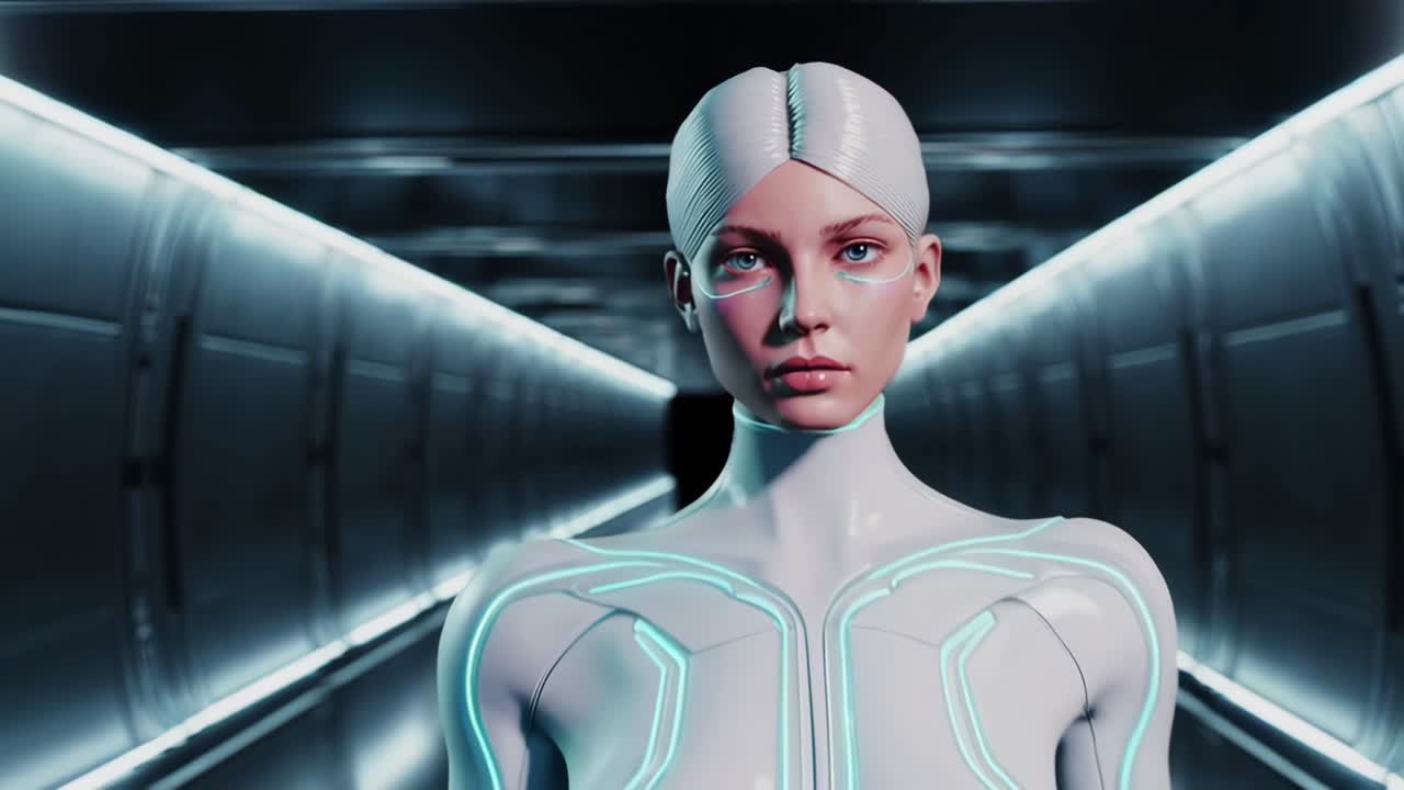 Female android moving through luminous high tech hallway, electronic circuits glowing across white synthetic body, embodying advanced robotic design in sterile futuristic setting