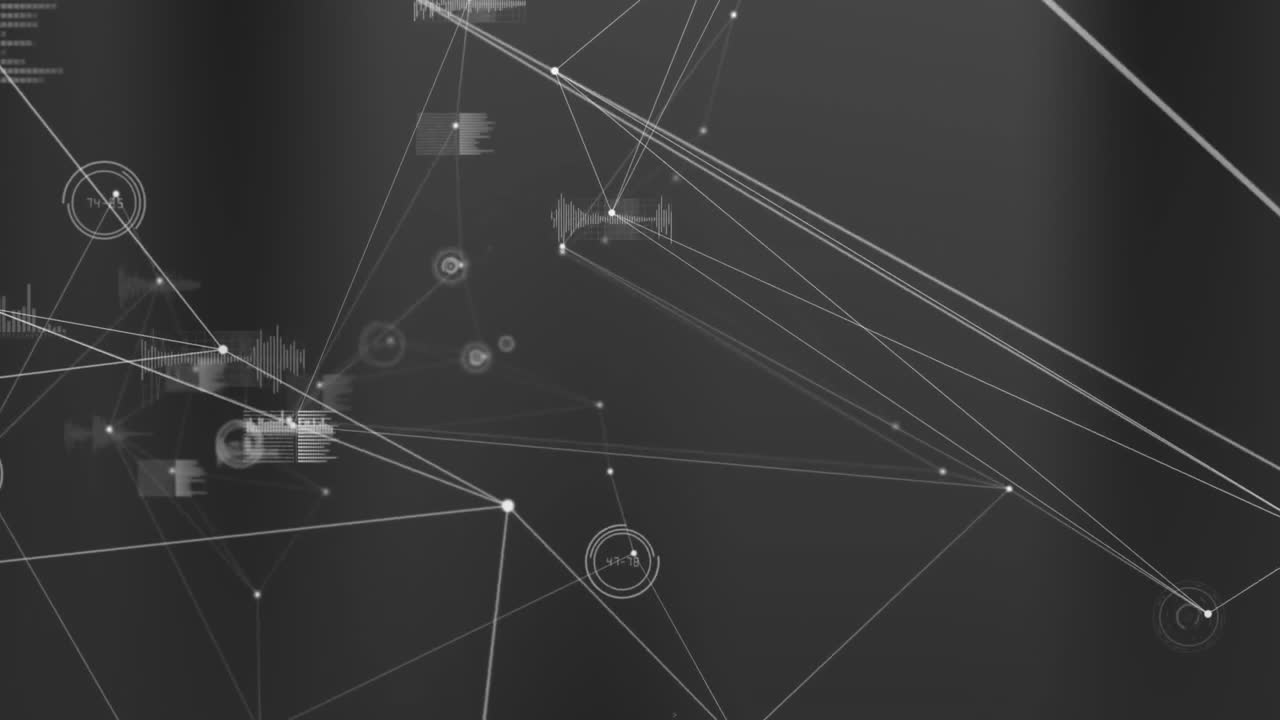 Animation of network of connections and data processing over black background