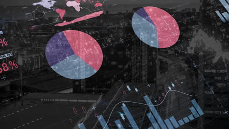 animación de la interfaz infográfica sobre la vista aérea del paisaje urbano en el fondo.