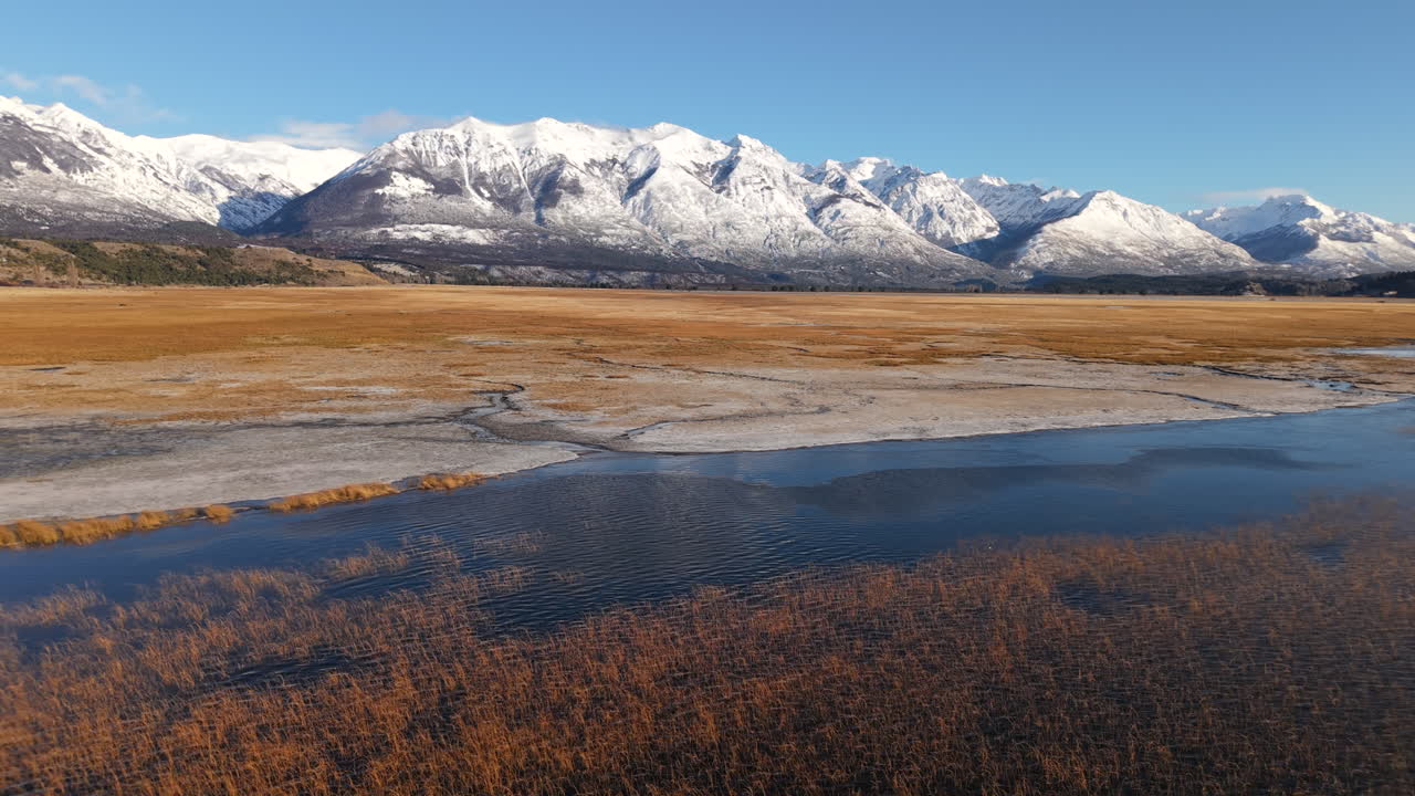 Flat golden terrain, and snow-covered Andean peaks in the background, blending geography, ecology, and visual storytelling from Chubut Province, Patagoniam a lake stretches across the steppe