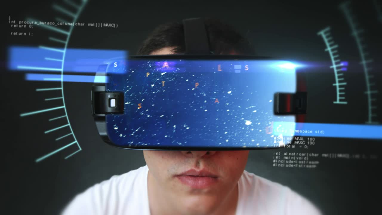 un joven guapo que usa auriculares vr y experimenta la realidad virtual.