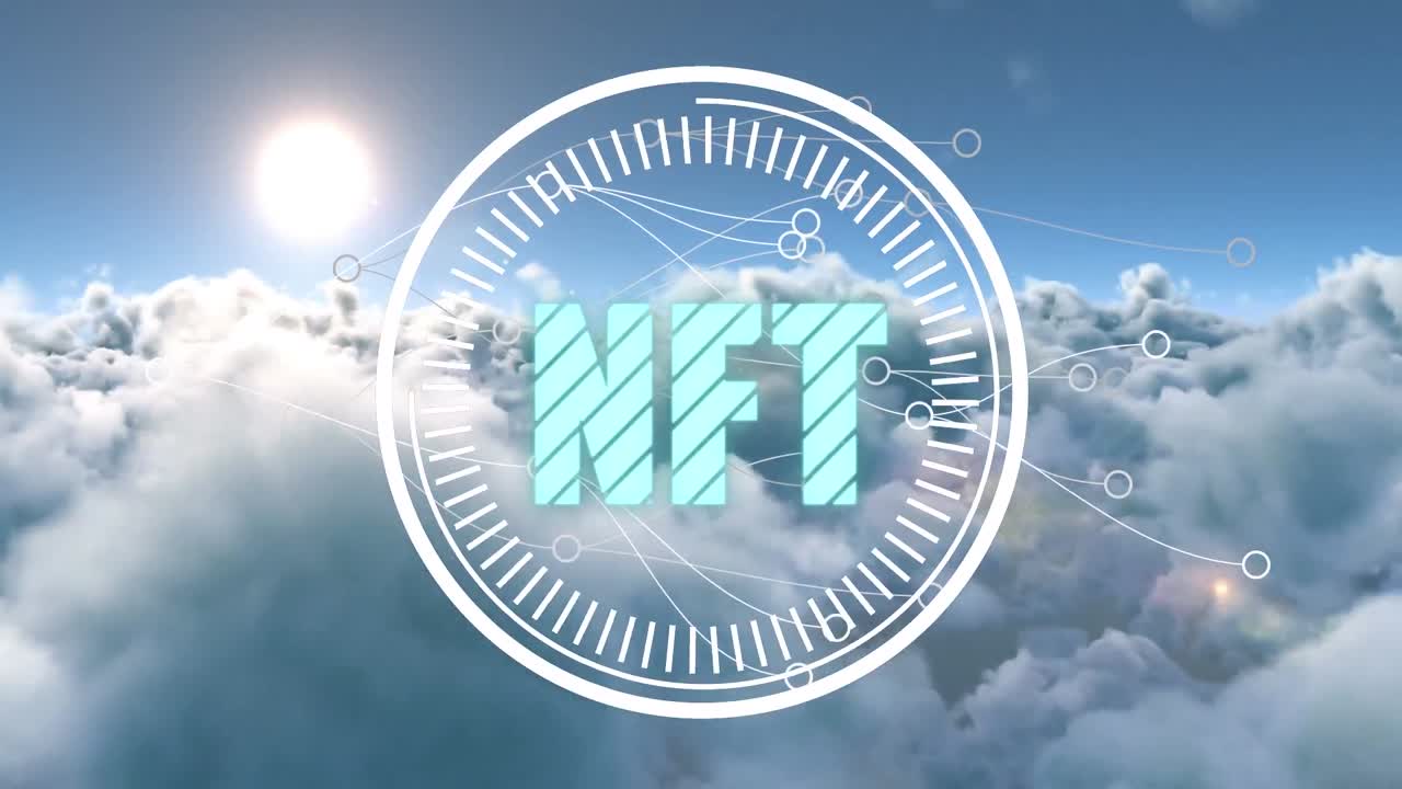 animación de conexiones y nft en el círculo de procesamiento sobre nubes