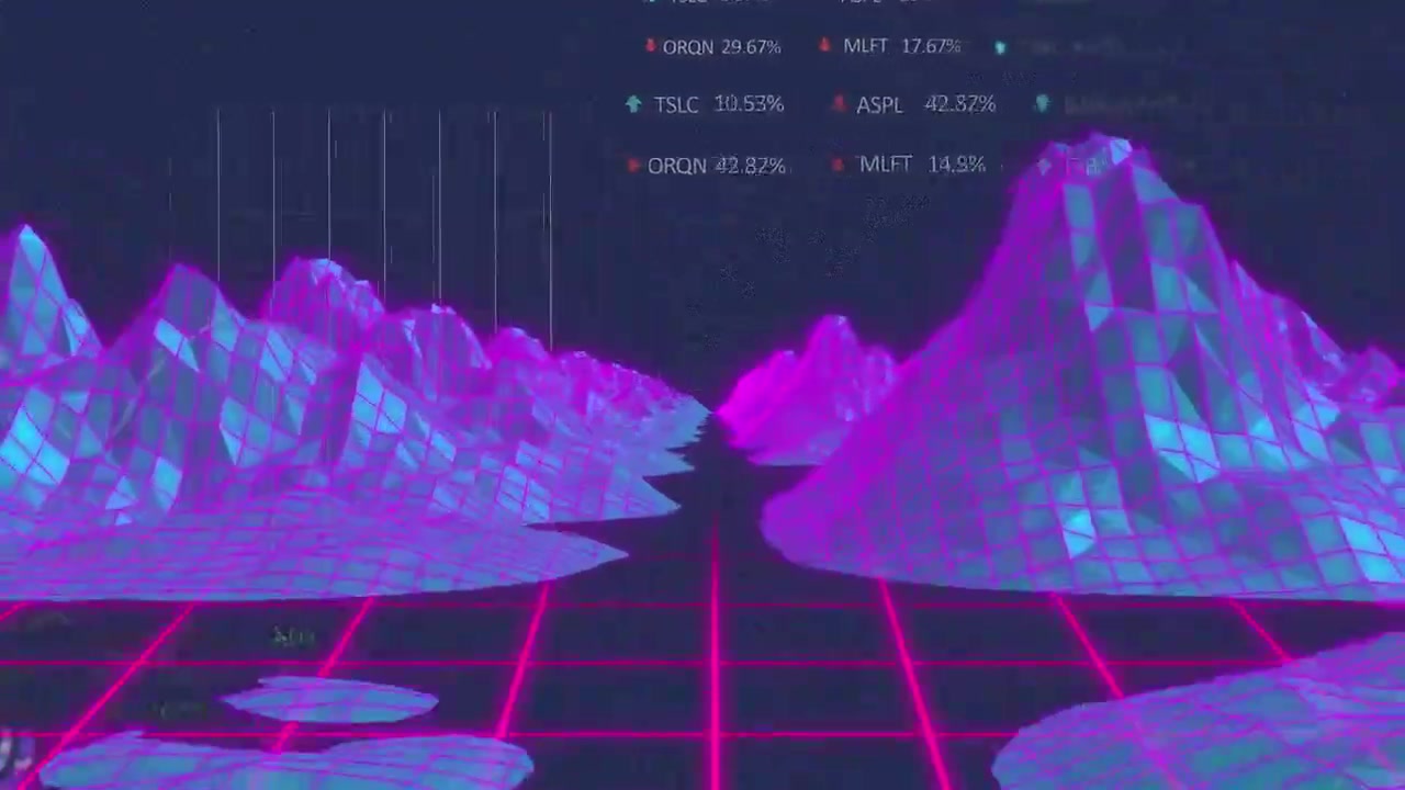 Retro Synthwave Style Digital Landscape with Floating Financial Data