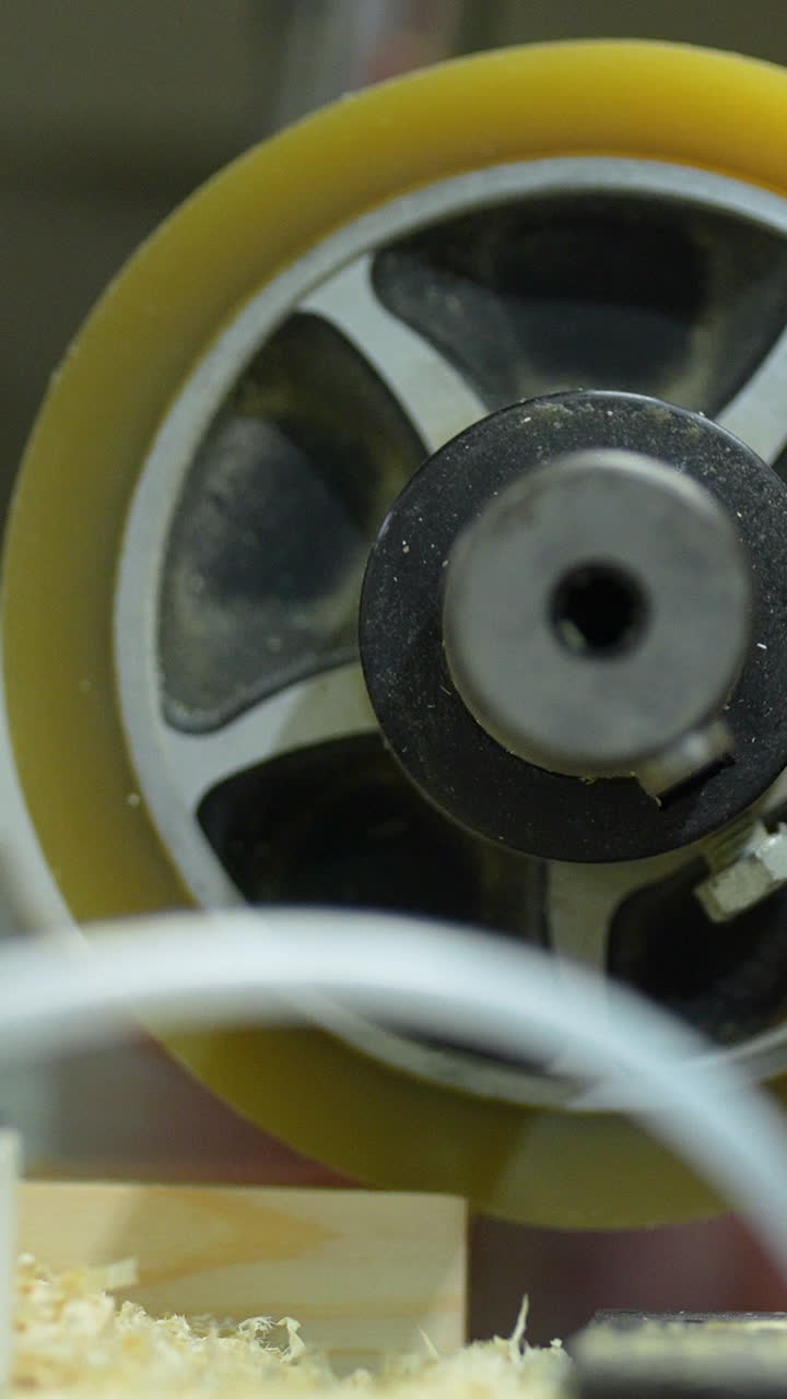 Makroaufnahme einer gelben industriellen Vorschubrolle an einer Holzbearbeitungsmaschine mit Sägemehl und Holzspänen darunter. Ideal für Inhalte über Zimmerei und industrielle Fertigung.