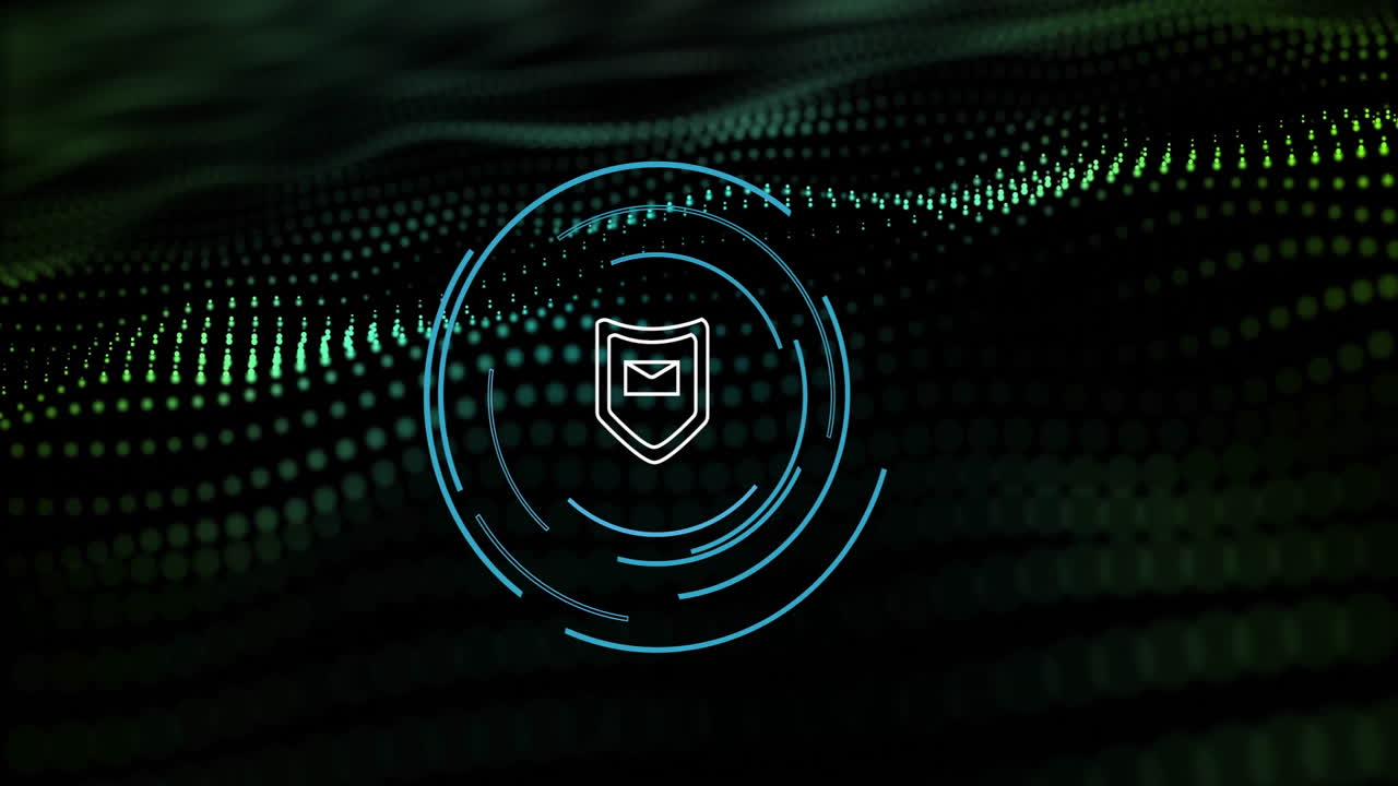 Digital animation of shield icon with envelope over wave and glowing green dots