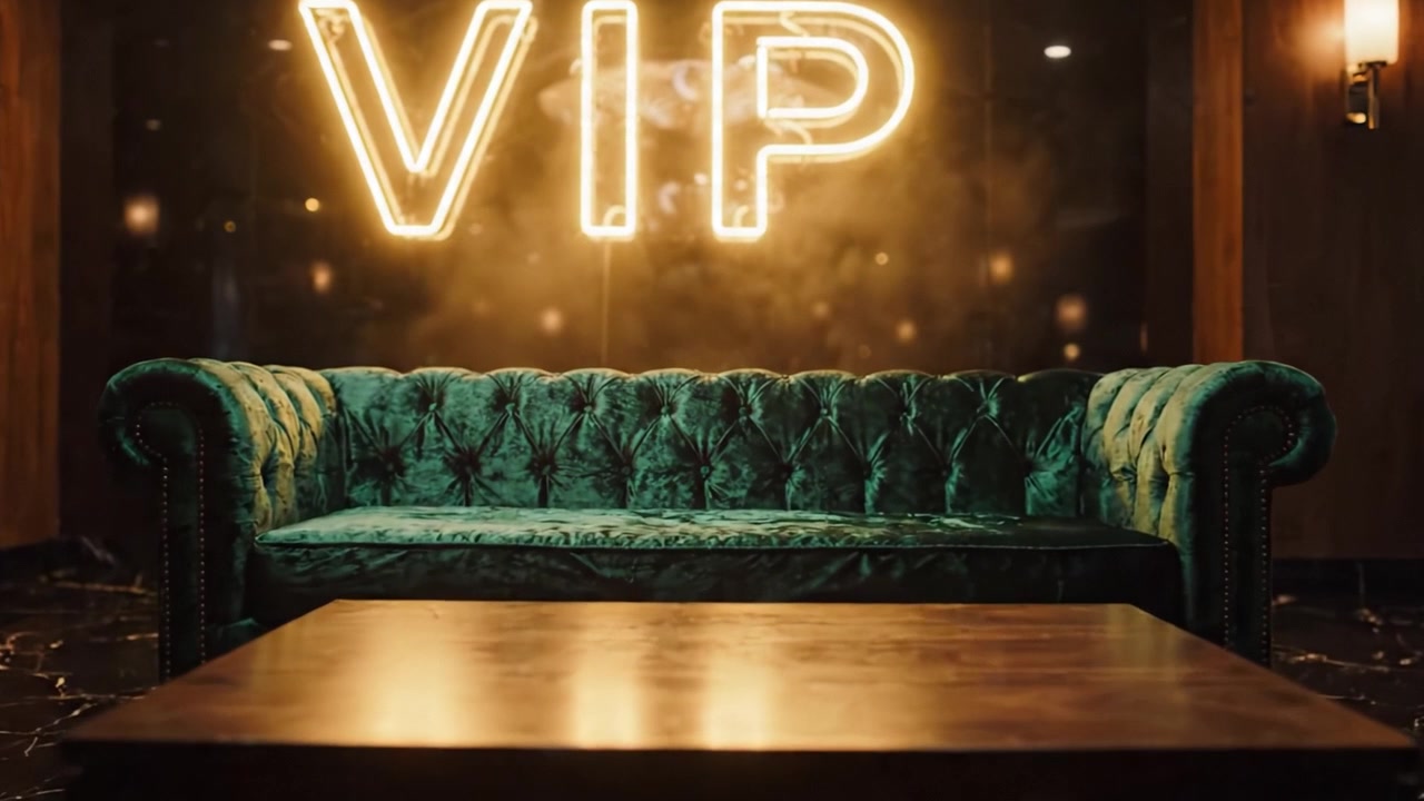 Elegant VIP-lounge med luksuriøs fløjlssofa og stilfuld indretning, perfekt til eksklusive sammenkomster og fornemme begivenheder i et chikt miljø.