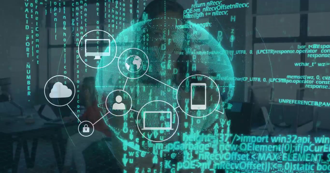 IT pro using display in office animating globe linking cloud lock laptop icons visualizing network