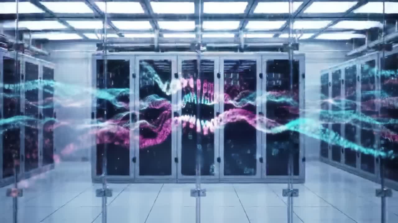 A vibrant display of digital data flows through advanced networks in a cutting-edge data center. This dynamic activity showcases technology's impact on information processing and storage.