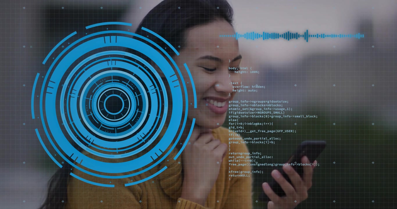 Woman tapping smartphone on bench and activating circular tech HUD for reviewing code and waveform