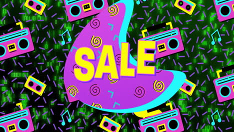 animation of sale text over colourful shapes and radios over data processing on black background