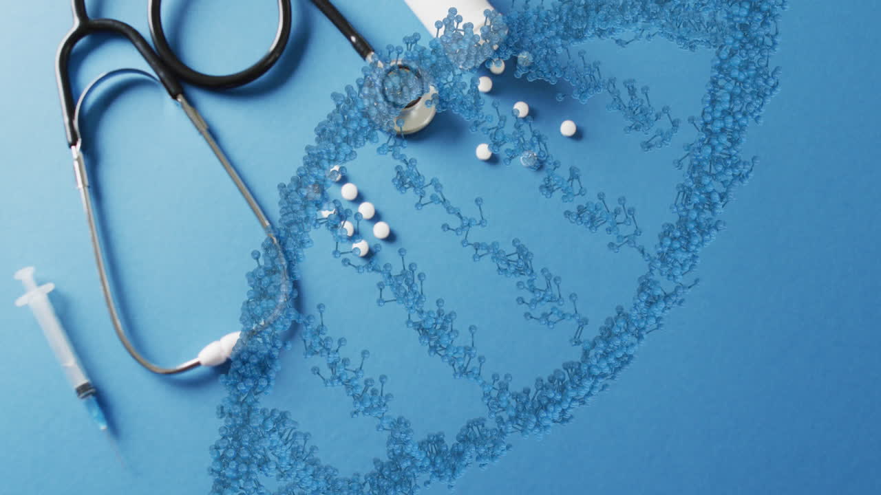 animation von dna-strängen über pillen und stethoskop