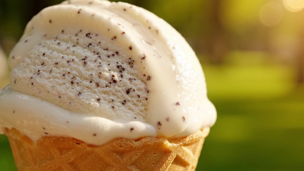 Delight in Every Bite: Tempting Close-Up of a Creamy Vanilla Ice Cream Cone with Rich Flecks, Perfect for a Refreshing Treat on a Warm Day