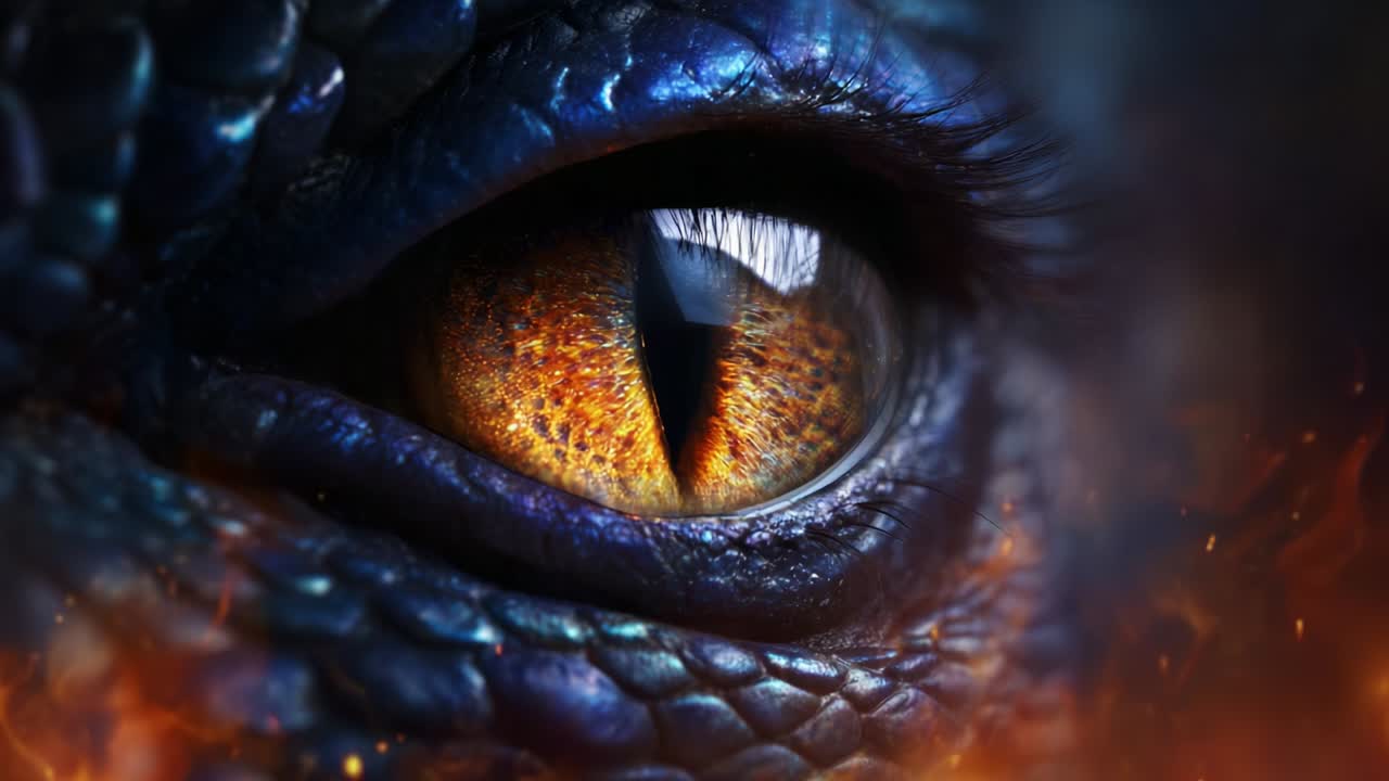 Captivating Close-Up of a Mythical Creature's Eye with Piercing Golden Iris and Intricate Scales, Suggesting a Mystical World Full of Wonder and Adventure, Perfect for Fantasy Enthusiasts