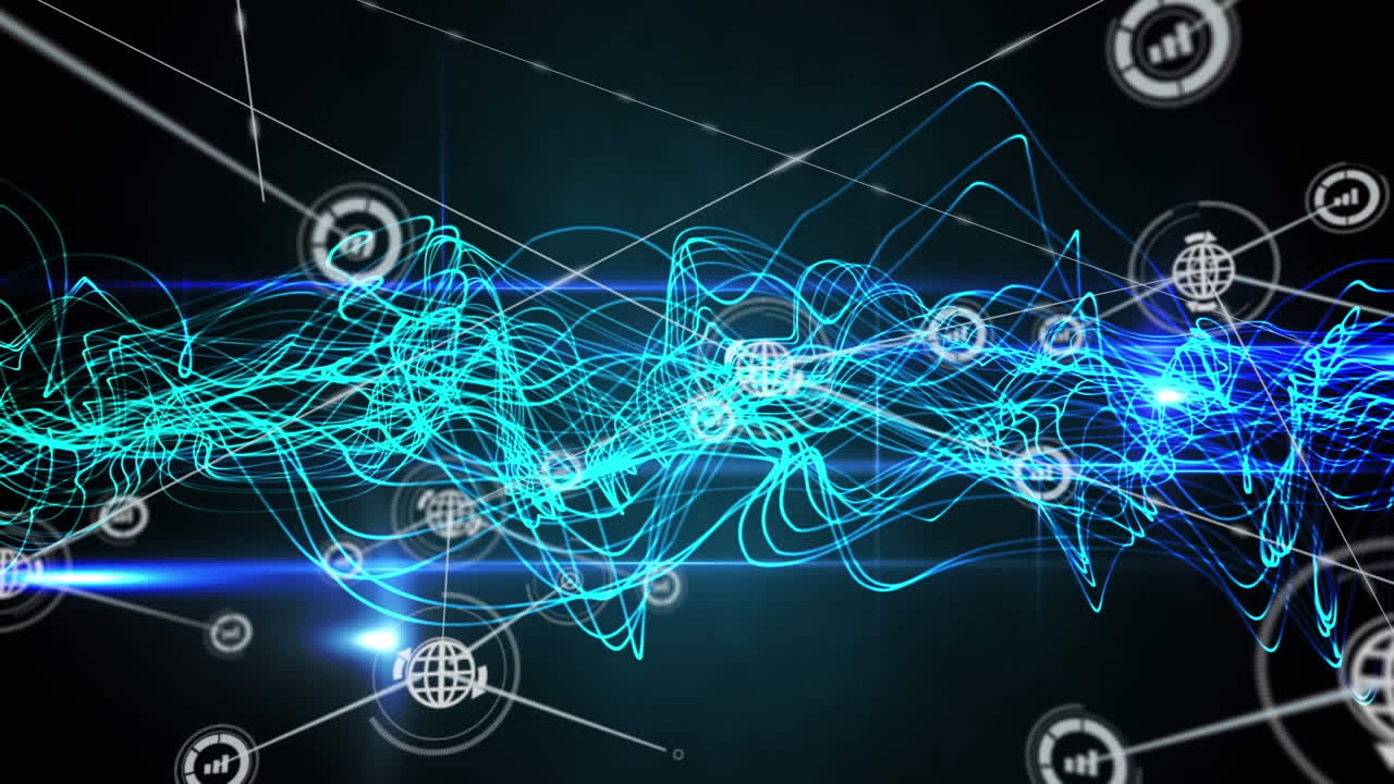 анимация сети цифровых икон и светящихся синих волнистых световых следов на черном фоне